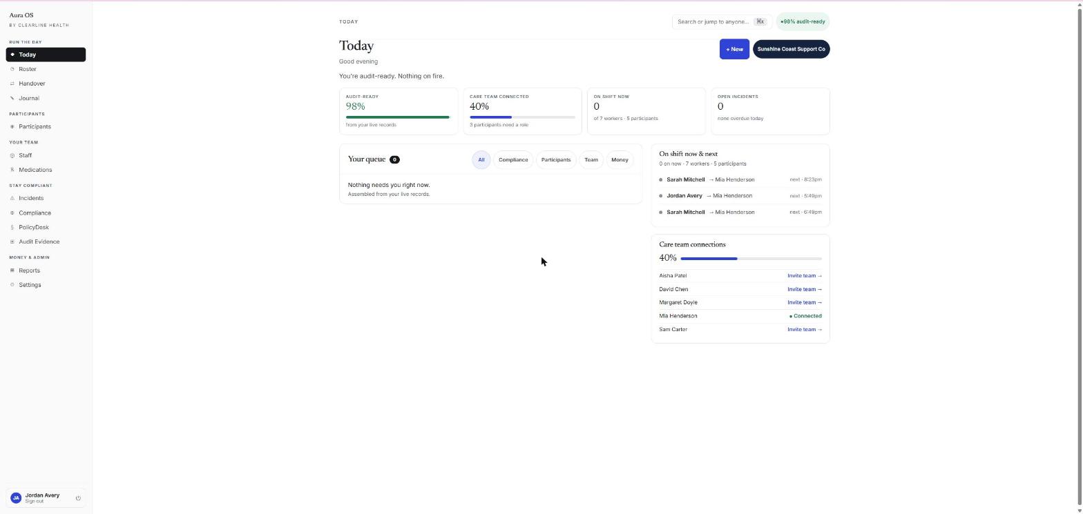 Aura OS provider dashboard showing the audit-ready score and care team connections
