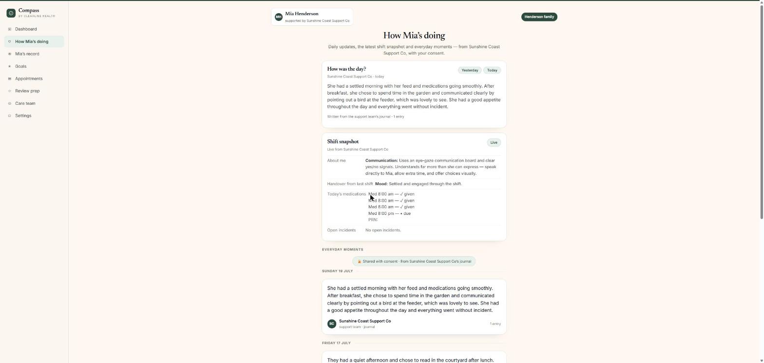 Compass family view showing the daily summary shared by the provider