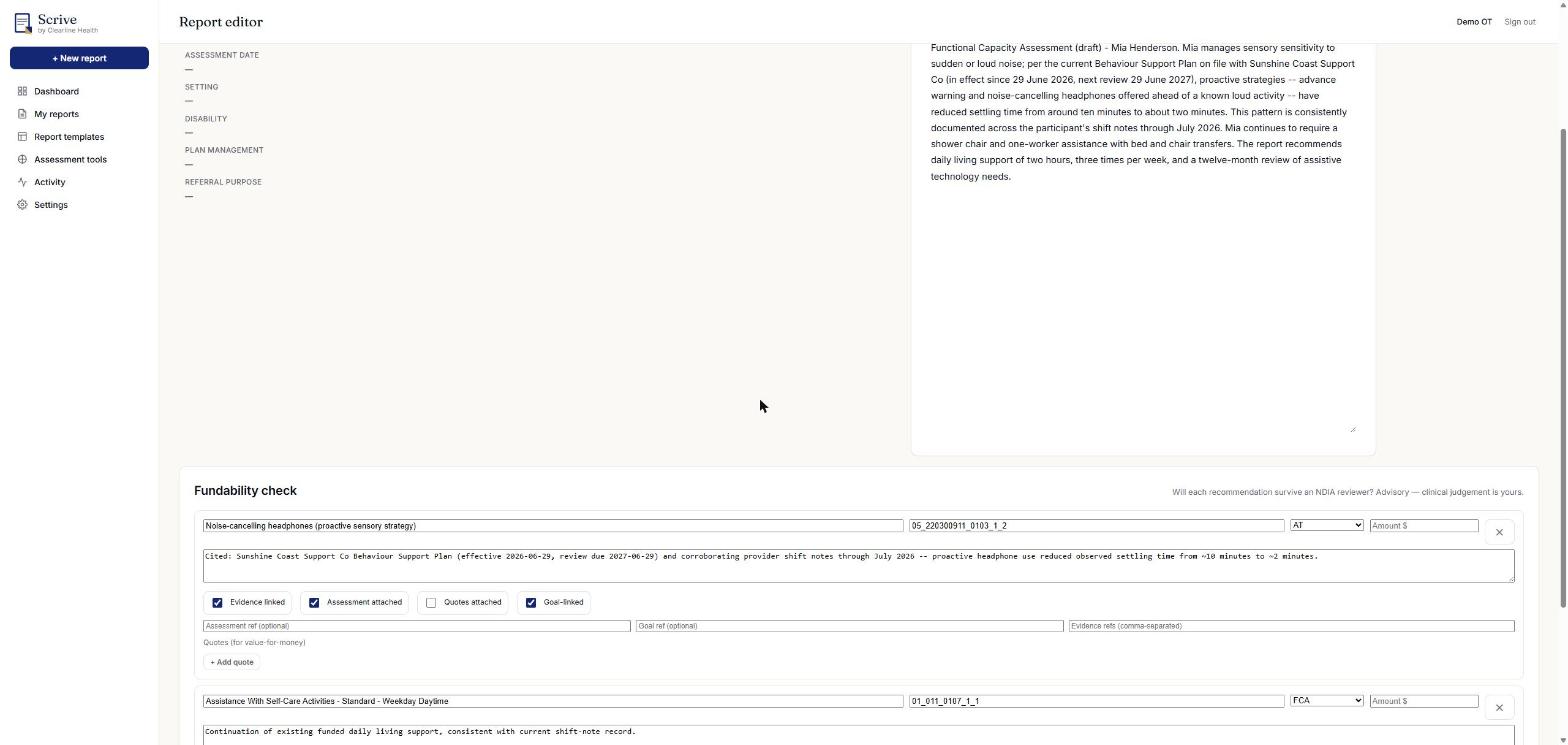 Scrive citation view linking report claims to provider evidence