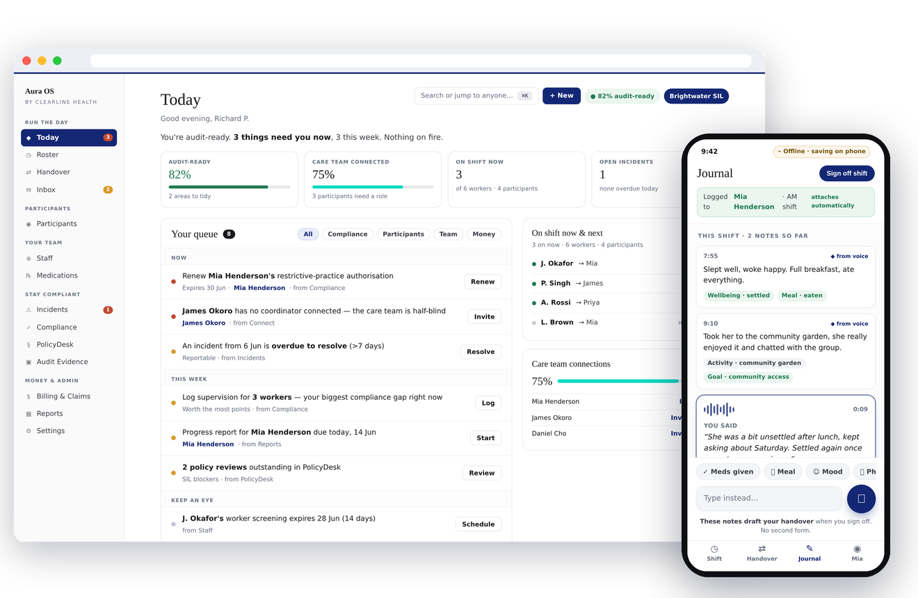Aura on desktop with the worker app on a phone — one connected system