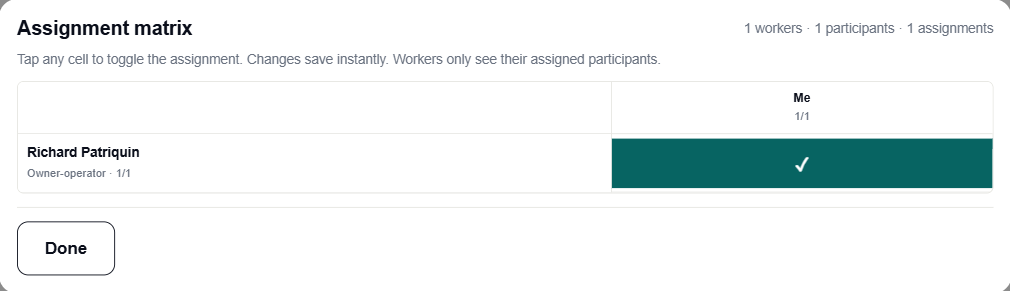 Assignment matrix grid of workers and participants with cells ticked