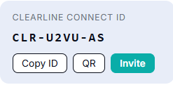 Sidebar Connect card showing the CLR-XXXX-XX code with Copy, QR, and Invite buttons