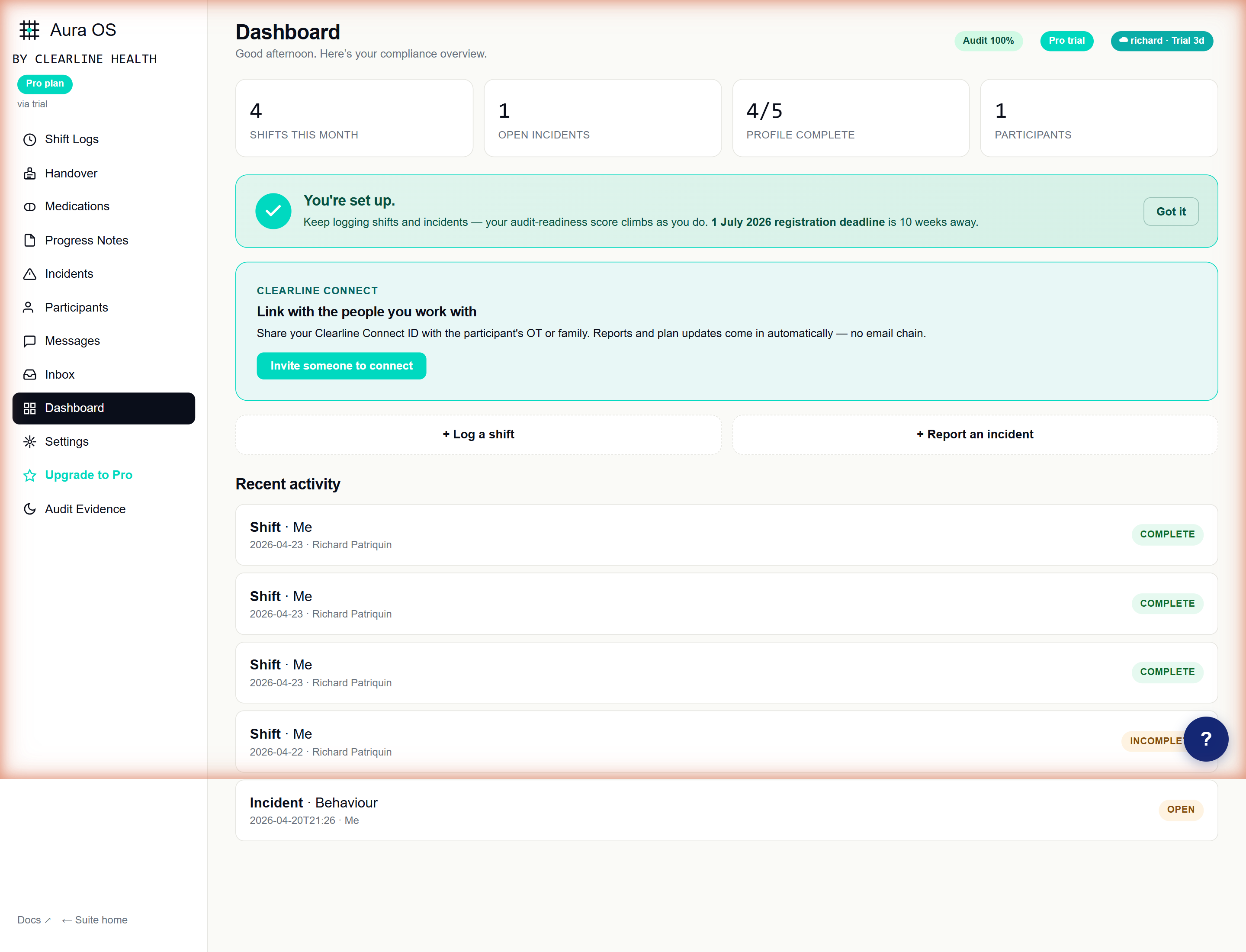 Dashboard seen by a support worker — no score ring, no compliance pillars