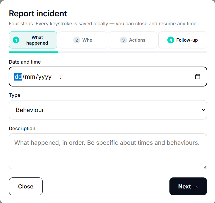 Resolve incident modal with 5-step accordion, one expanded and one showing a YES badge