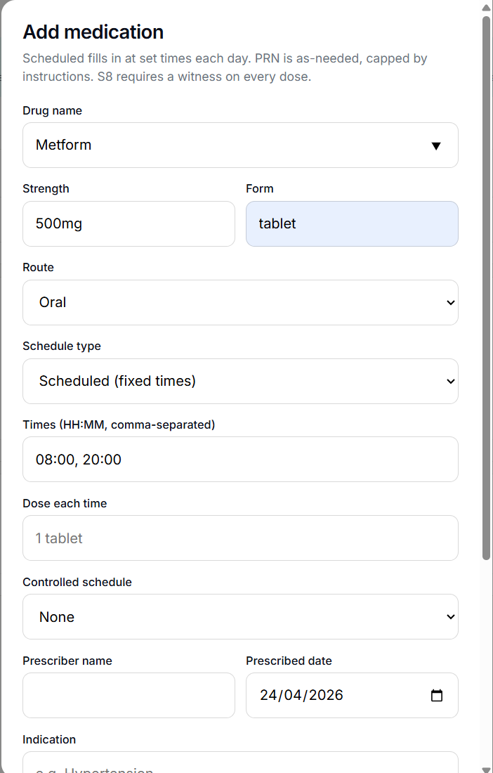 Add medication modal with scheduled fields filled