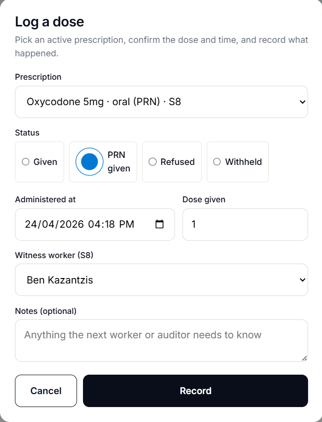 Record dose modal with Witness worker dropdown visible for an S8 medication