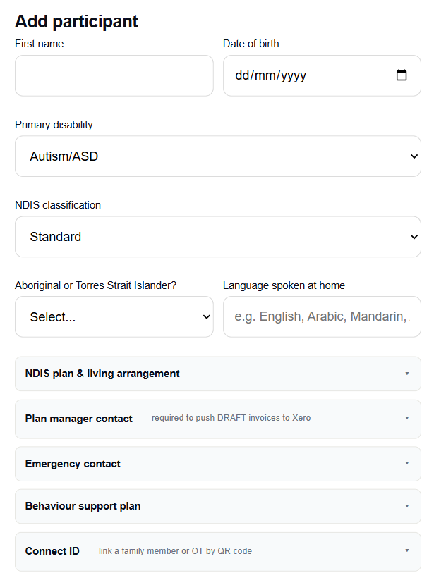 Add participant modal with 6 essential fields visible and 5 collapsed accordion sections