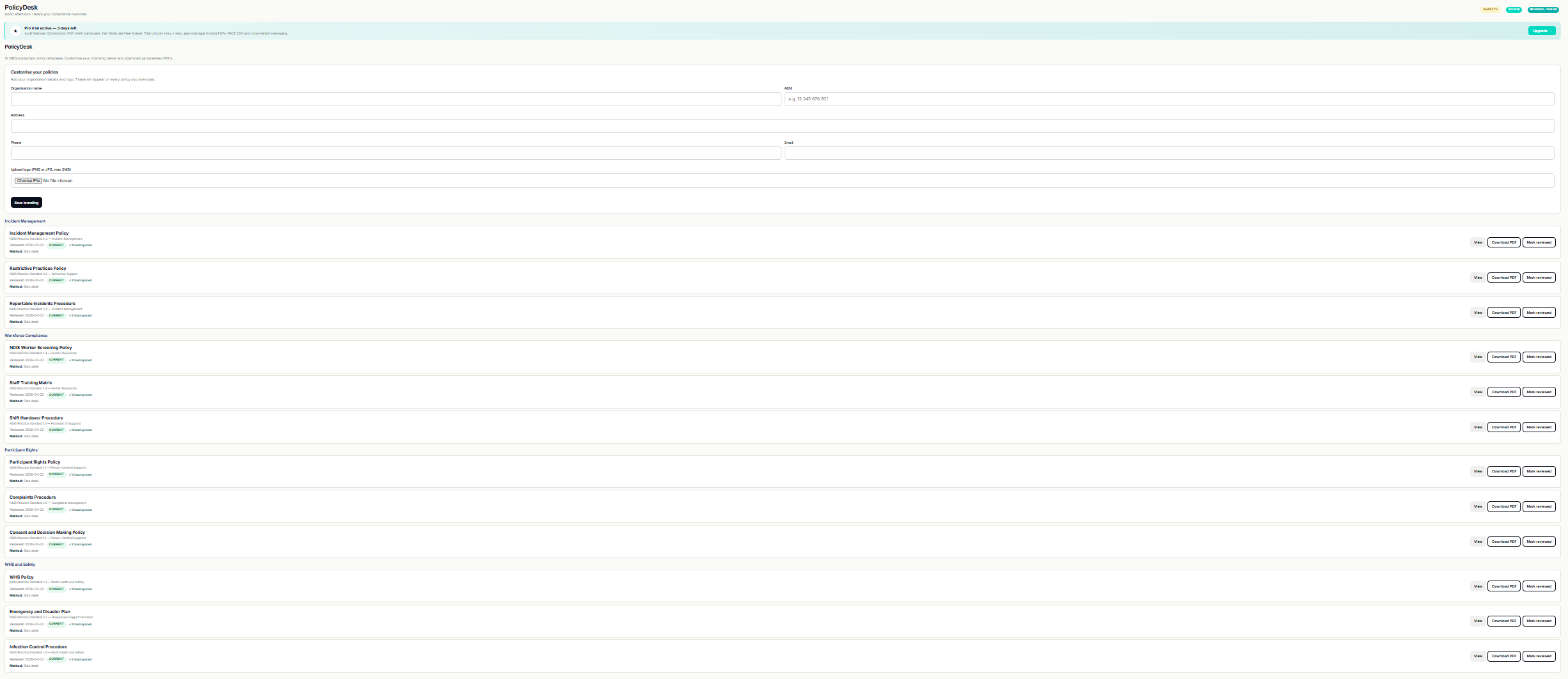 PolicyDesk module listing the 12 NDIS policies with review dates and next-due badges