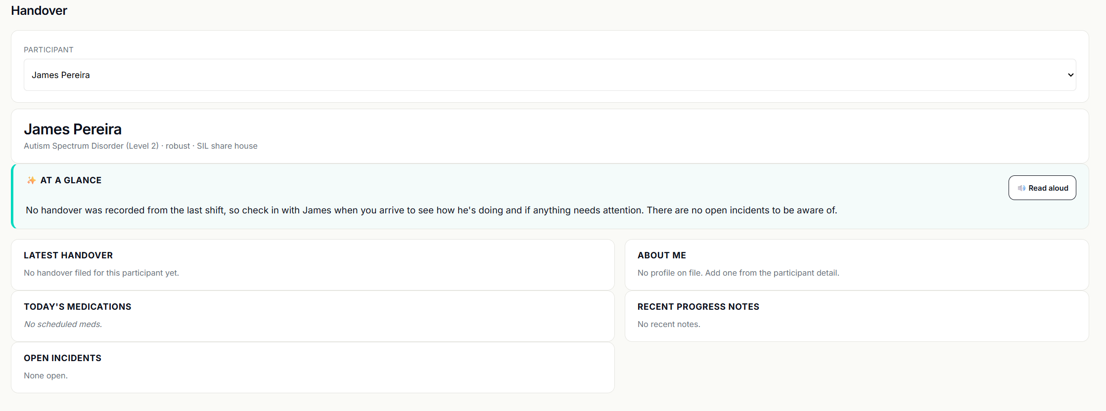 The Aura OS Handover screen on a phone showing four cards — open incidents, medications due, handover acknowledged, behaviour support triggers