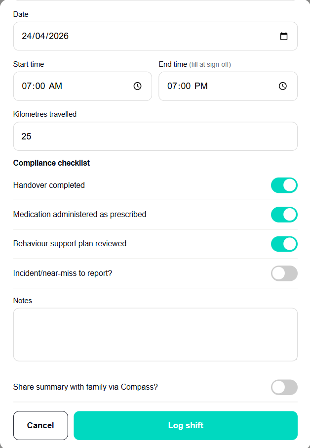 Log shift modal with participant and worker selected, datetimes set, five end-of-shift checkboxes