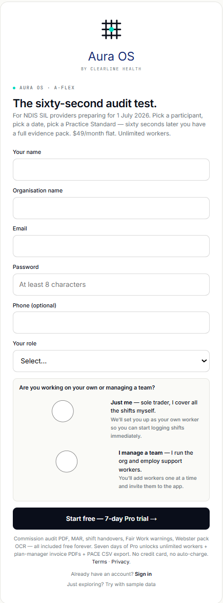 Aura OS signup page with role-toggle radios