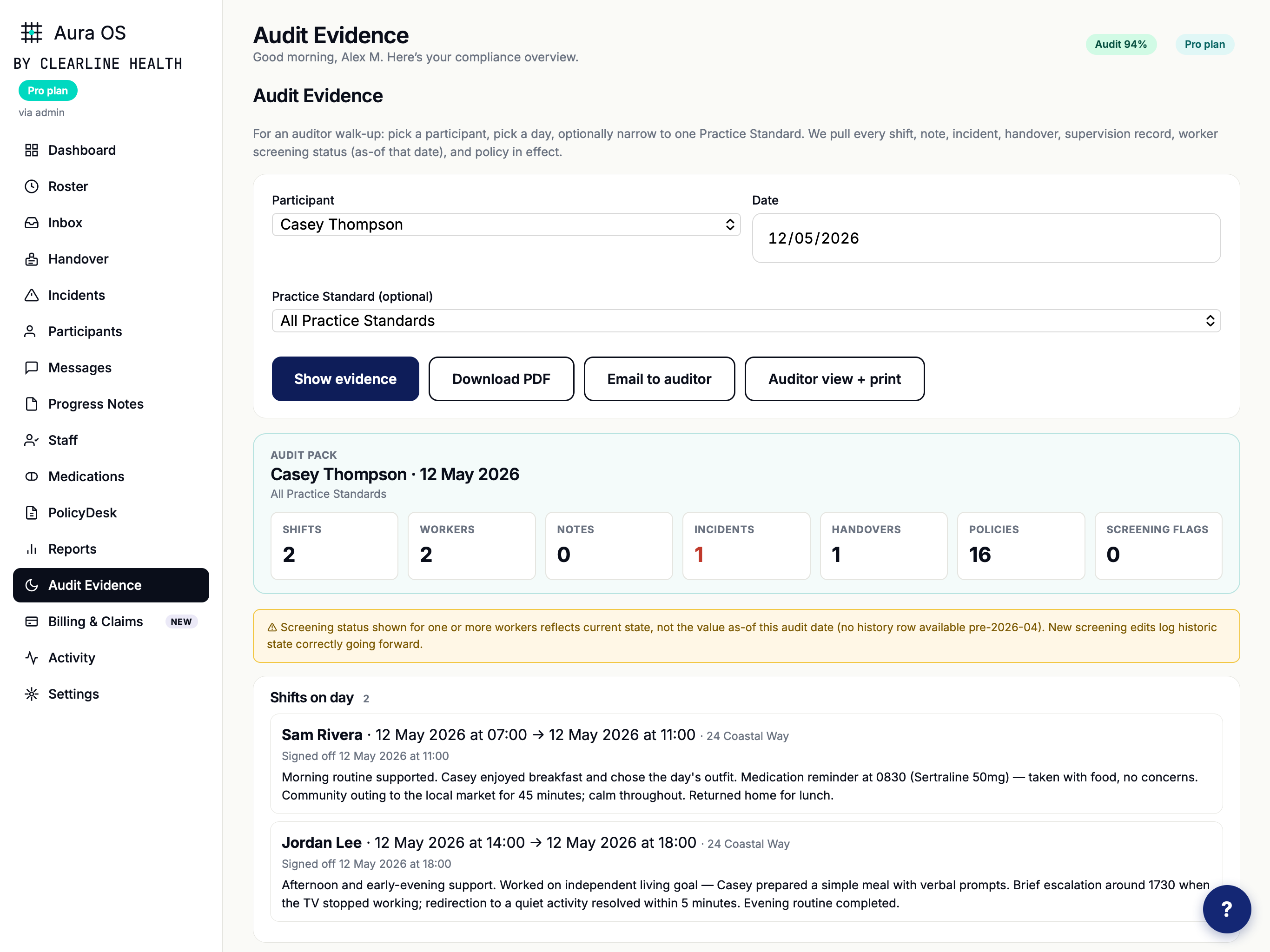 Aura OS iPad audit-evidence pack for Casey Thompson on 12 May 2026, showing 2 shifts, 2 workers, 1 incident, 1 handover, 16 policies in effect, and 0 screening flags.