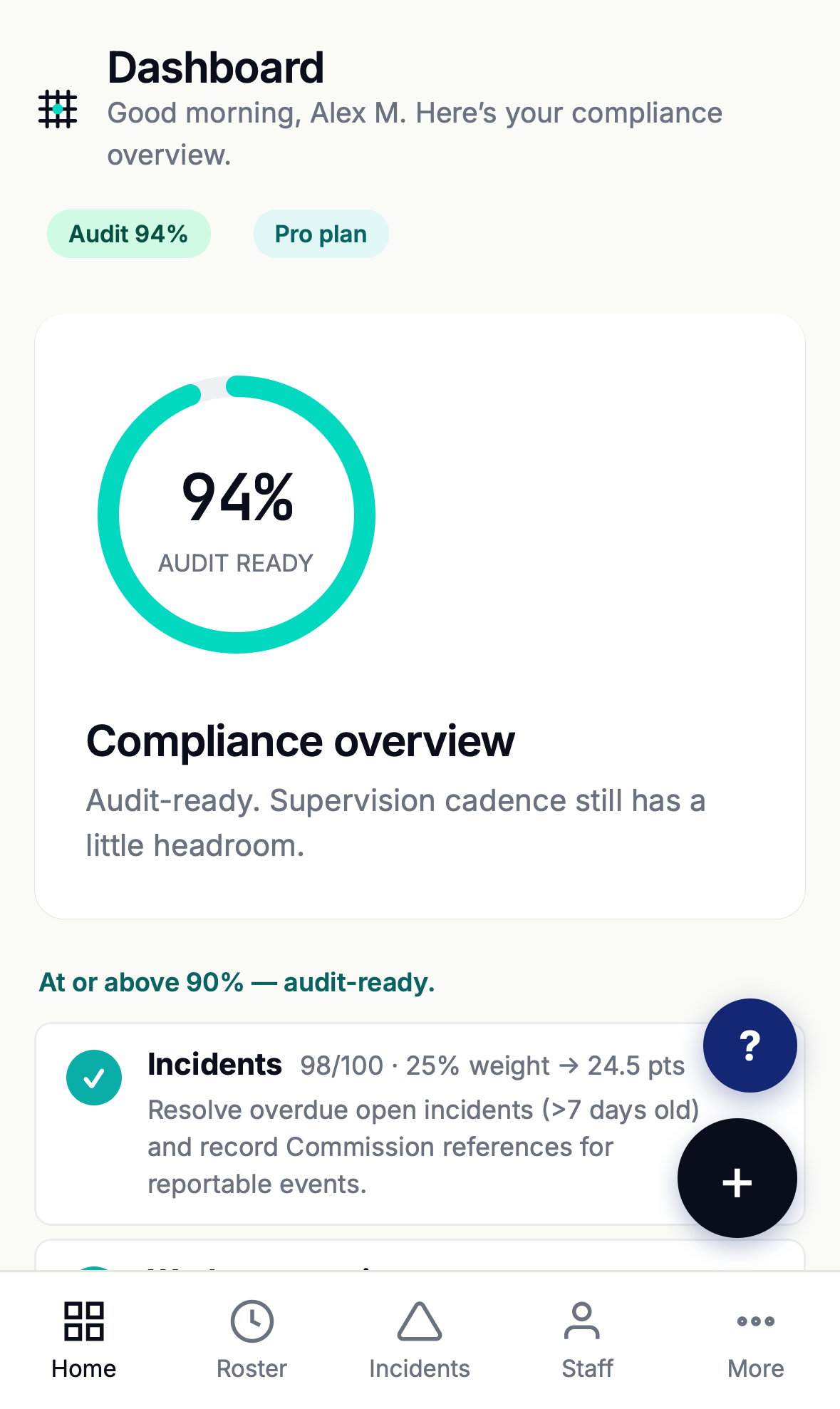 Aura OS iPhone dashboard showing a 94 percent audit-readiness donut, Pro plan badge, and the six compliance pillars with Incidents leading at 98 percent.
